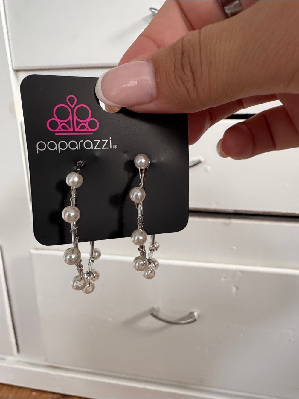 Silver Pearl Chain Hoop Earrings - White Pearls